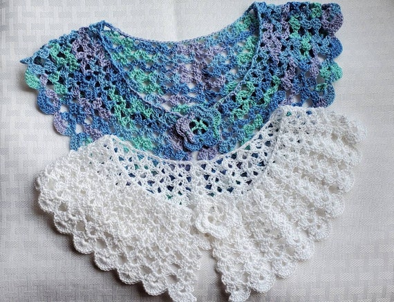 Crochet collar, Peter Pan Collar, lace neckpiece, blue and white crochet collar, crochet necklace, handmade cotton necklace, lace collar