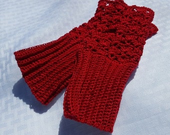 Red lace fingerless texting gloves  hand crocheted gloves