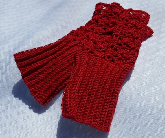 Red lace fingerless texting gloves  hand crocheted gloves