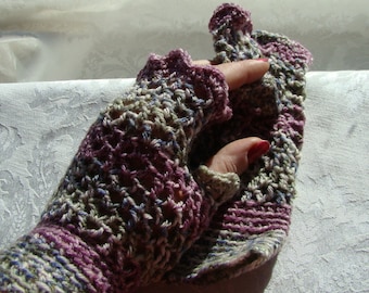 Crocheted delicate fingerless ladies texting gloves in lavender, gray and green heathers