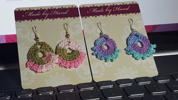 Dainty crocheted fan earrings with picot trim