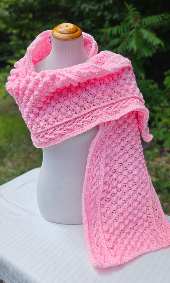 Crochet popcorn scarf wrap, winter wrap, warm winter shawl, chunky scarf, pretty in pink, gift for her