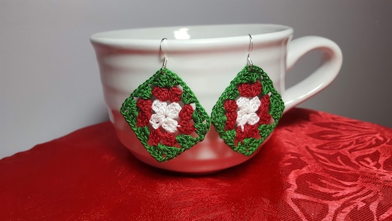 Christmas earrings, holiday jewelry, handmade crochet earrings, holiday accessories, granny square handmade earrings, stocking stuffers