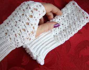 White crocheted cotton lace fingerless gloves