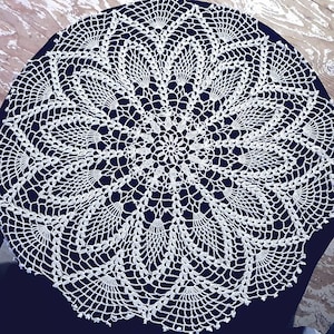 Pineapple surprise white crochet doily with delicate picot edging