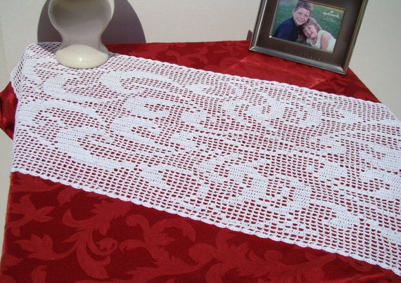 Crochet white table runner, dresser scarf, dining room center piece, housewarming present