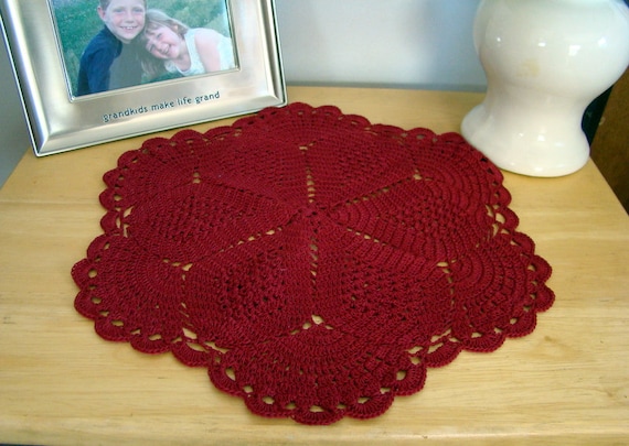 Scarlet crimson red crochet table top doily, bedroom decor, nightstand decor
