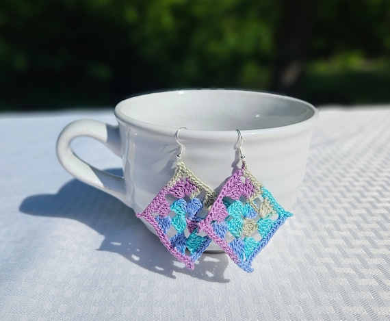 Diamond crochet earrings, rainbow earrings, handmade earrings, psychedelic earrings, boho chic earrings, bohemian earrings