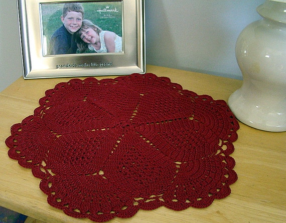 Scarlet crimson red crochet table top doily, bedroom decor, nightstand decor