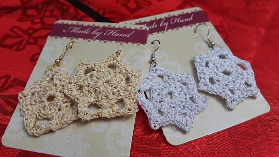 Christmas snowflake earrings, metallic earrings, star earrings, crochet earrings, lightweight earrings, gold earrings, white earrings