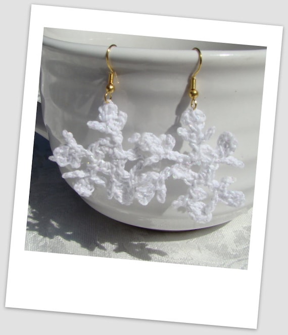 Crocheted white sparkle snowflake earrings