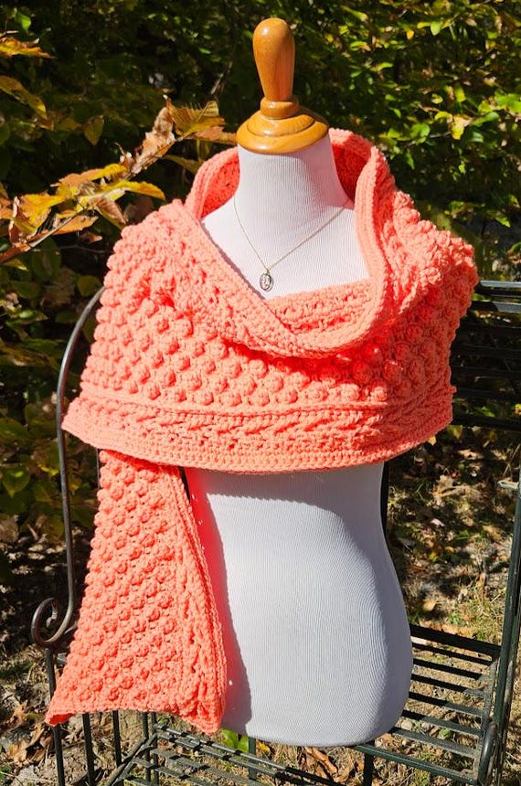 Crochet popcorn scarf wrap, winter wrap, warm winter shawl, chunky peach scarf, gift for her, oversized scarf, chunky scarf