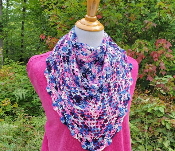 Pink and blue lace shawlette, lightweight openwork lace shawl, crochet lace shawl, bridal fashion, bridal fashion, bridesmaids wrap