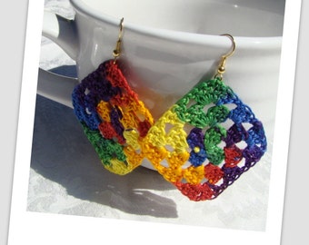 Granny square crocheted earrings, rainbow earrings, handmade earrings, psychedelic earrings, boho chic earrings, bohemian earrings