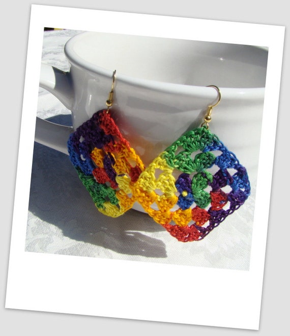 Granny square crocheted earrings, rainbow earrings, handmade earrings, psychedelic earrings, boho chic earrings, bohemian earrings