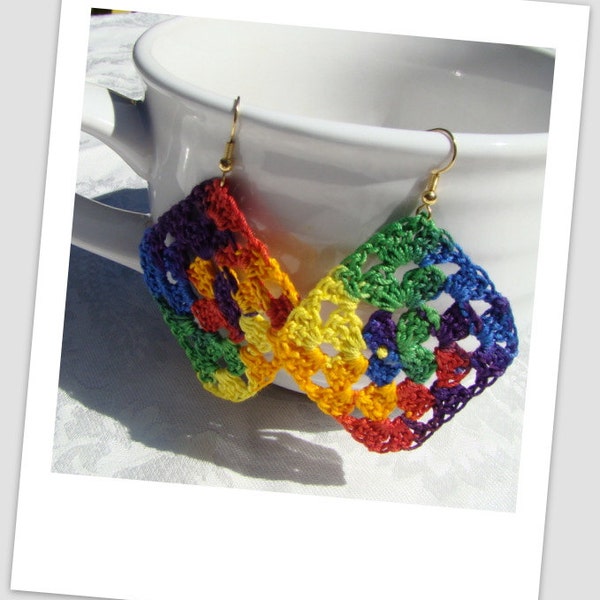 Granny square crocheted earrings, rainbow earrings, handmade earrings, psychedelic earrings, boho chic earrings, bohemian earrings