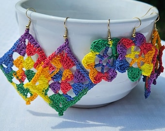 Crochet earrings, rainbow earrings, handmade earrings, psychedelic earrings, boho chic earrings, bohemian earrings, flower earrings