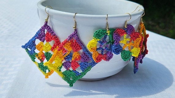 Crochet earrings, rainbow earrings, handmade earrings, psychedelic earrings, boho chic earrings, bohemian earrings, flower earrings