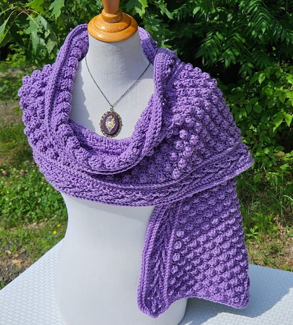 Crochet popcorn scarf wrap, winter wrap, warm winter shawl, chunky purple scarf, gift for her