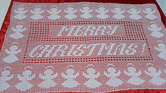 Merry Christmas crochet table runner, Angel tablecloth, Christmas table centerpiece, Diningroom tablecloth, Housewarming gift, Wedding gift