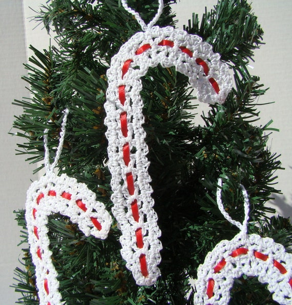 Crocheted Christmas candy cane thread ornament