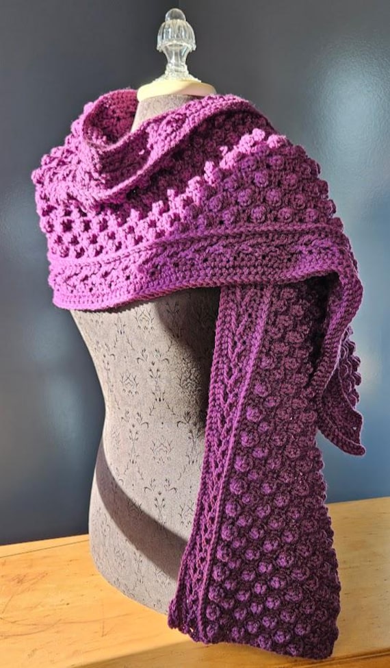 Crochet popcorn scarf wrap, winter wrap, warm winter shawl, chunky raspberry scarf, gift for her