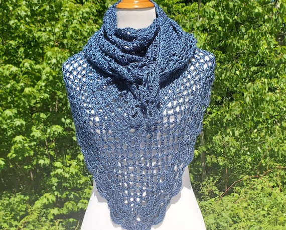 Shimmering blue wrap, crochet shawl, openwork lace shawl, Victorian lace shawl, bridesmaids wrap, summer wedding wrap, metallic blue shawl