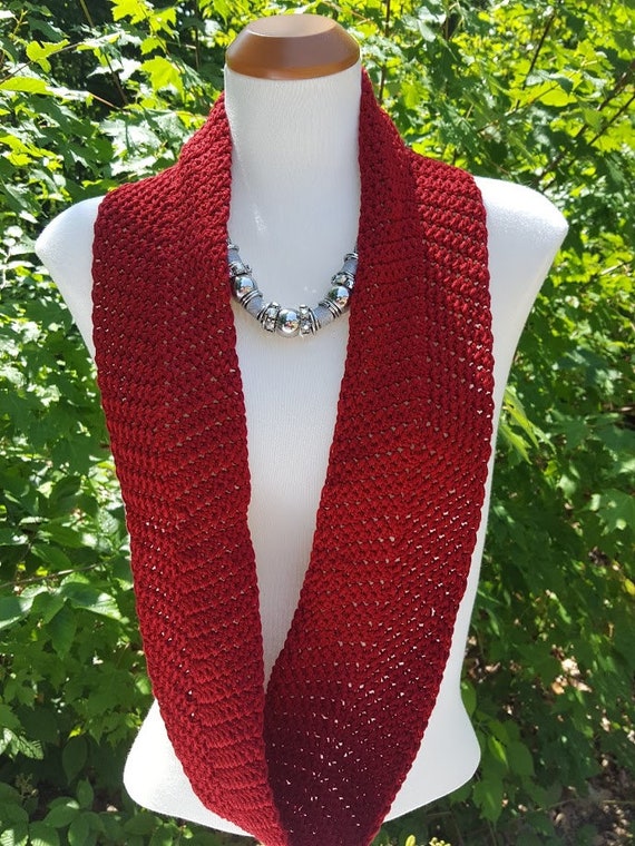 Hand crocheted autumn red cotton infinity scarf-READY TO SHIP