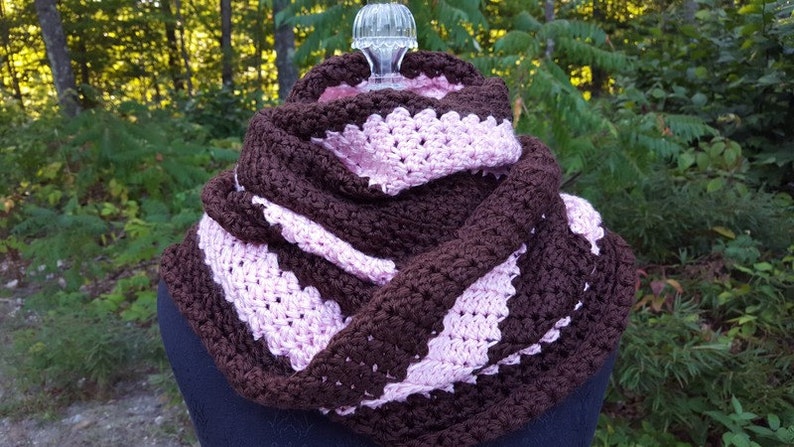 Pink and brown mobius infinity shawl wrap image 3