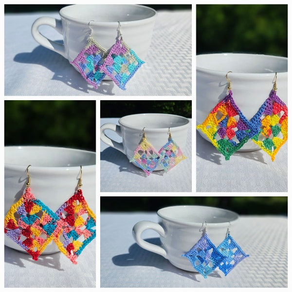 Diamond crochet earrings, rainbow earrings, handmade earrings, psychedelic earrings, boho chic earrings, bohemian earrings