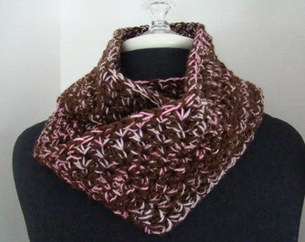 Pink and brown hand crocheted cowl neck infinity scarf