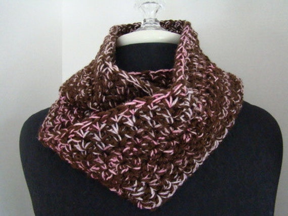 Pink and brown hand crocheted cowl neck infinity scarf