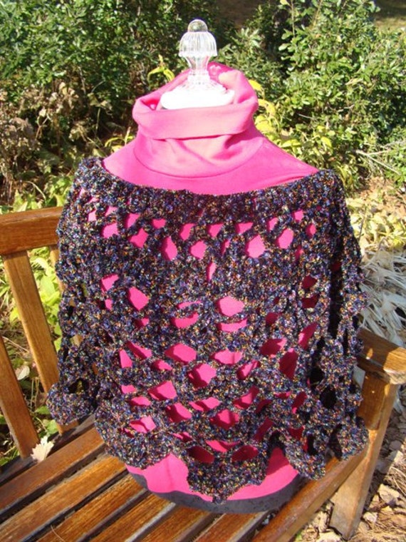 Chunky crocheted black confetti boho chic poncho