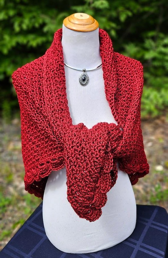 Crochet Shawl: Cranberry Red, Scalloped Edge, Fall Fashion, country wedding wrap