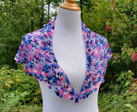 Pink and blue lace shawlette, lightweight openwork lace shawl, crochet lace shawl, bridal fashion, bridal fashion, bridesmaids wrap