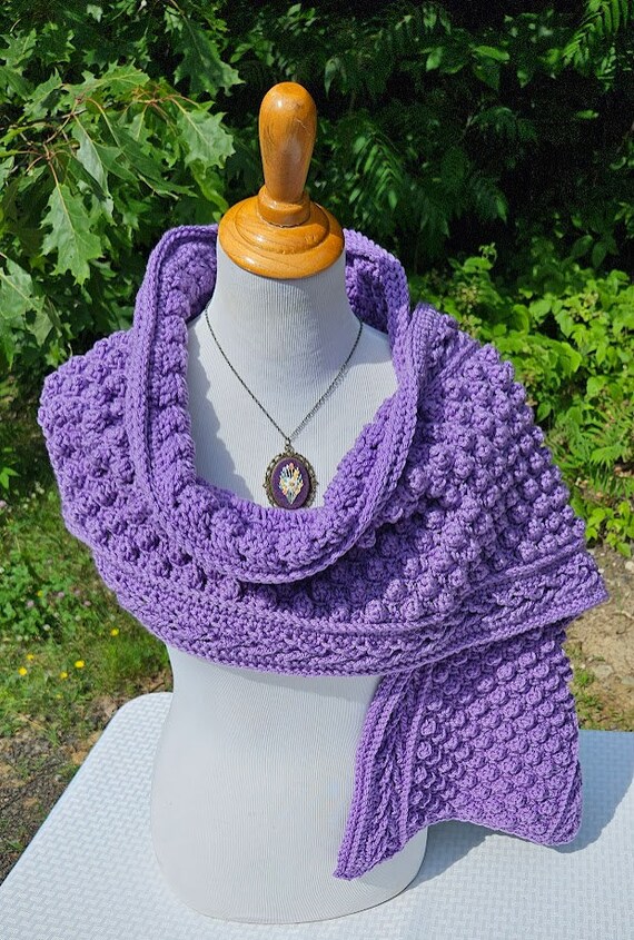 Crochet popcorn scarf wrap, winter wrap, warm winter shawl, chunky purple scarf, gift for her