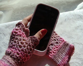 Crocheted delicate fingerless ladies texting gloves in pink and brown