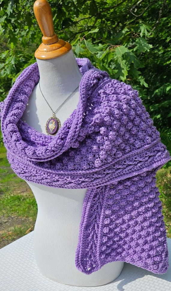 Crochet popcorn scarf wrap, winter wrap, warm winter shawl, chunky purple scarf, gift for her