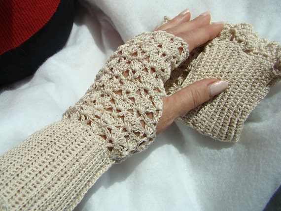 Crochet Fingerless Gloves, Cotton Brown Fingerless Gloves, Lace