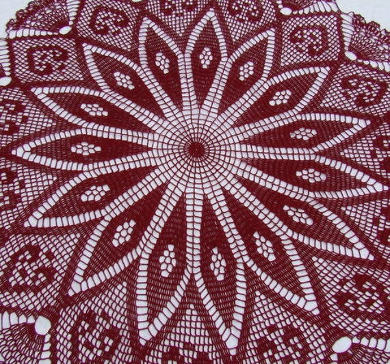 Crocheted burgundy thread tablecloth with kaleidoscope design adorned with hearts and delicate fans - READY TO SHIP