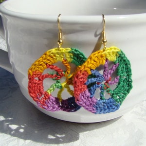 Crochet earrings, rainbow earrings, handmade earrings, variegated earrings, psychedelic earrings, boho chic earrings, bohemian earrings