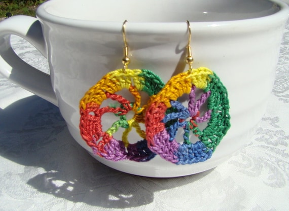 Crochet earrings, rainbow earrings, handmade earrings, variegated earrings, psychedelic earrings, boho chic earrings, bohemian earrings