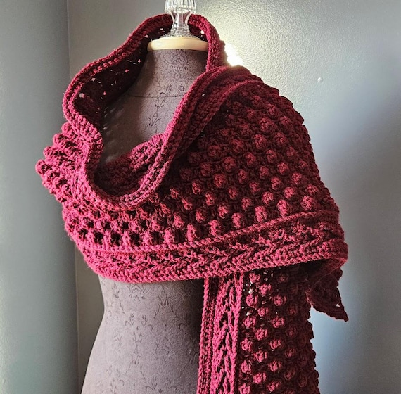Crochet popcorn scarf wrap, winter wrap, warm winter shawl, chunky burgundy scarf, gift for her, winter fashion wrap,