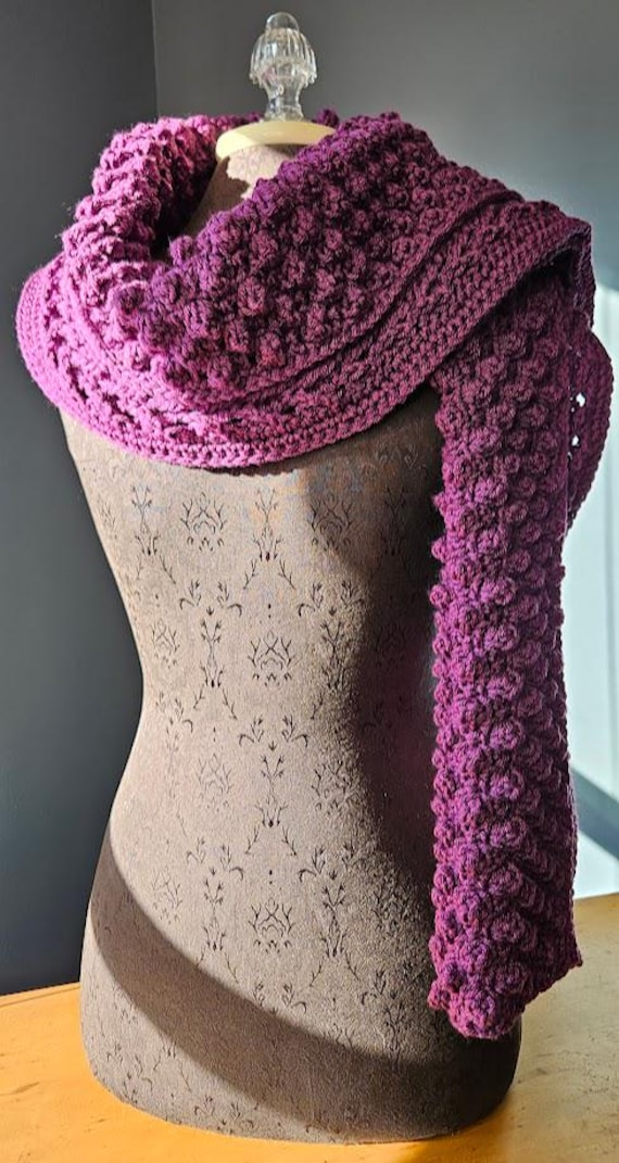 Crochet popcorn scarf wrap, winter wrap, warm winter shawl, chunky raspberry scarf, gift for her