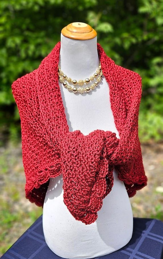 Crochet Shawl: Cranberry Red, Scalloped Edge, Fall Fashion, country wedding wrap