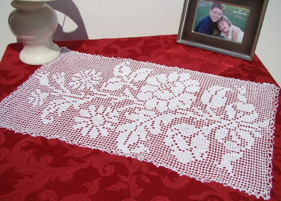 Burst of flowers white filet crochet table or dresser scarf