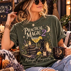 Practical Magic 2 Witchy Shirt, Midnight Margaritas, Black Cat, Spell Books (Comfort Colors)