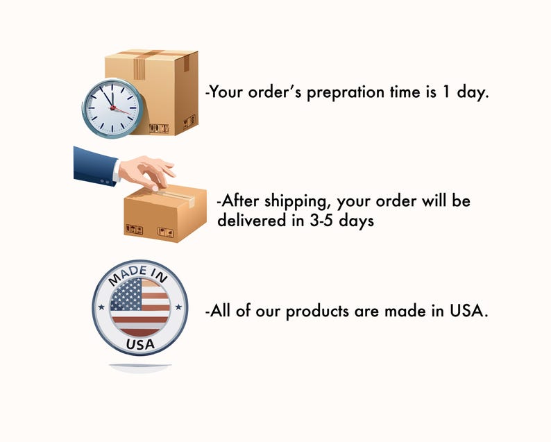May include: An illustration featuring a clock, a cardboard box, and a hand placing a box. A "Made in USA" emblem is also present. The text indicates a 1-day order preparation time and a 3-5 day delivery window.