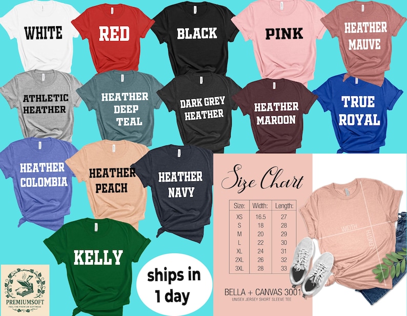 May include: A selection of short-sleeved t-shirts in a range of colours, such as white, red, black, pink, and heather mauve. Each shirt has its colour name printed in bold white text. A size chart and a peach-coloured shirt are also visible.