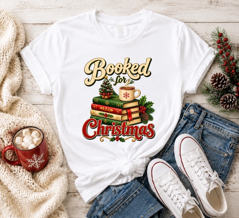 A white t-shirt with a graphic design of a stack of books and a mug, along with Christmas-themed items such as pine cones and a mug of hot chocolate.